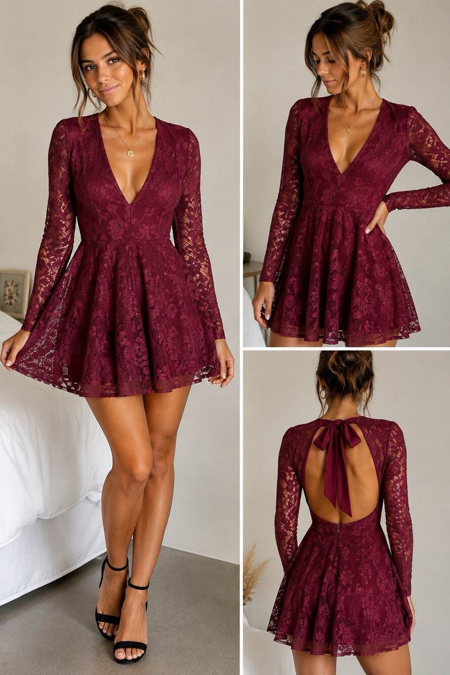 Altar’d State XS Burgundy Lace Mini Dress Long Sleeve Open Back Romantic